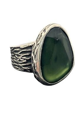Silpada ‘Green Glass’ Sterling Silver organic wide band Ring R1852 size 6.5
